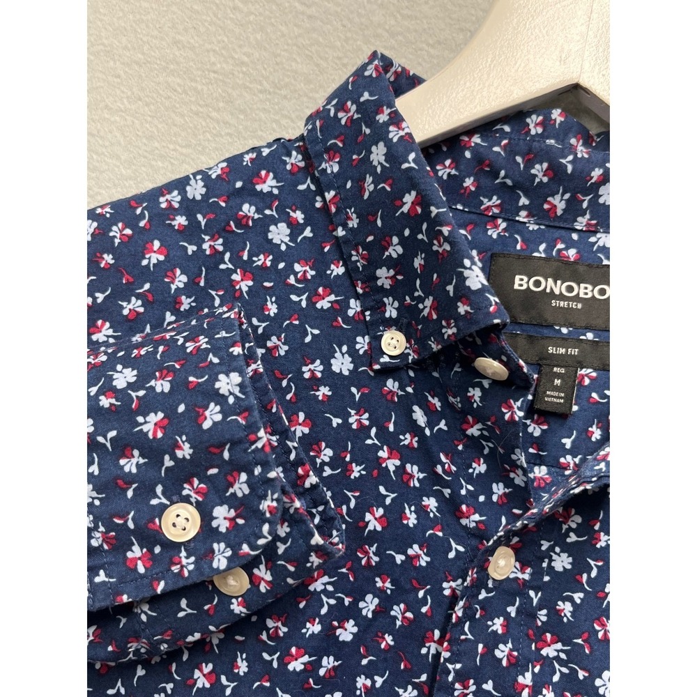 Bonobos Stretch Slim Fit Mens Medium Navy Blue Floral Long Sleeve Button Down